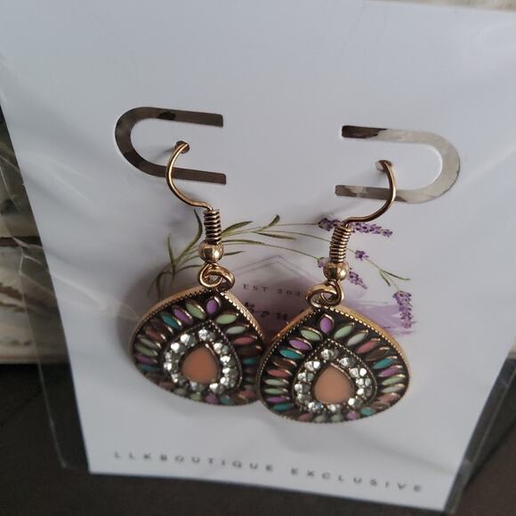 Rhinestone Multicolor Gold Tone Teardrop Dangle Earrings - Picture 9 of 10